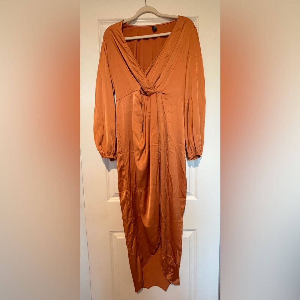 SHEIN Rust Orange Long Sleeve V-Neck Midi Dress